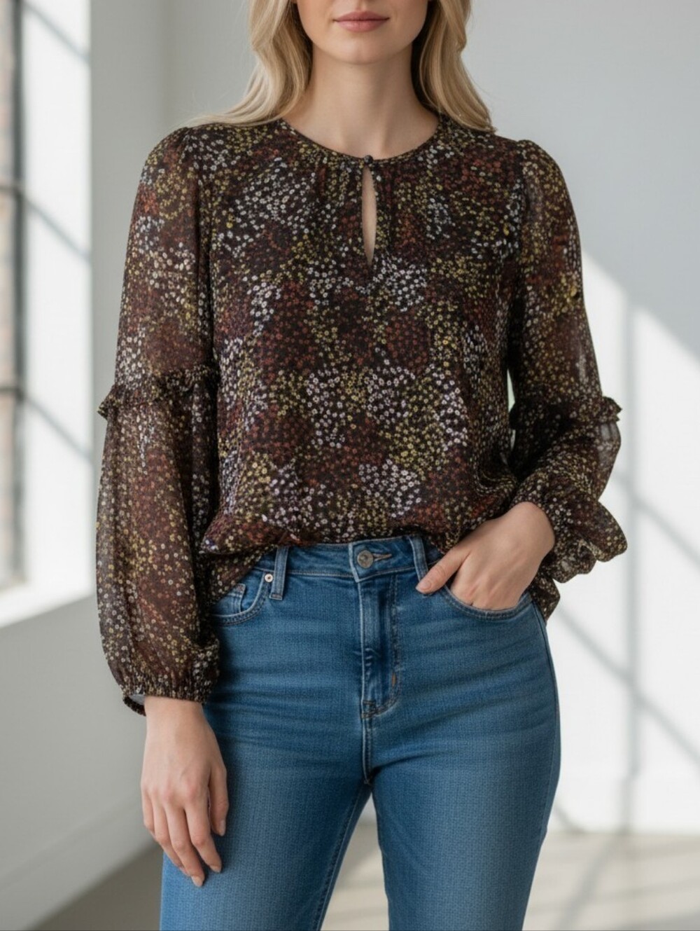 Joie Silk Floral Long-Sleeve Blouse Womens S Brown Artsy Retro Cottagecore Y2K